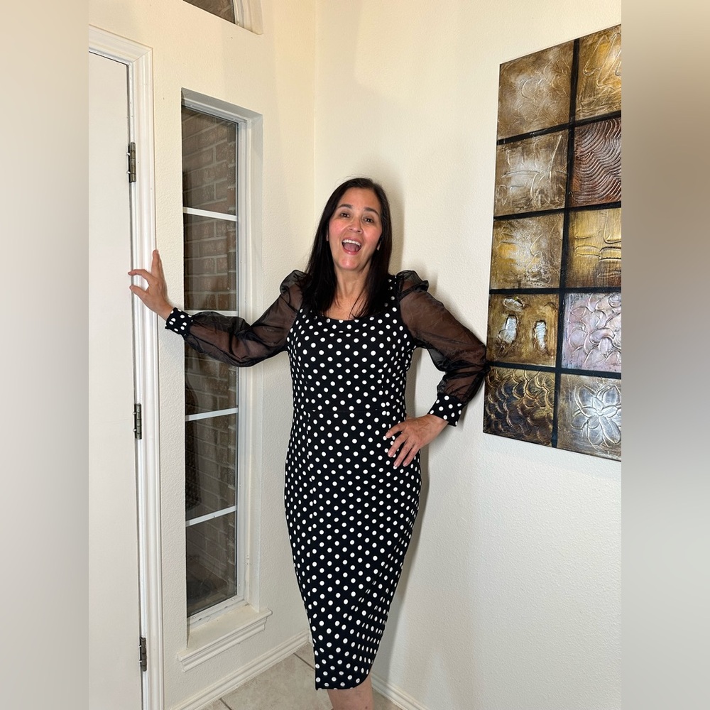 Elegant Black and White Polka Dot Long Sleeve Dress